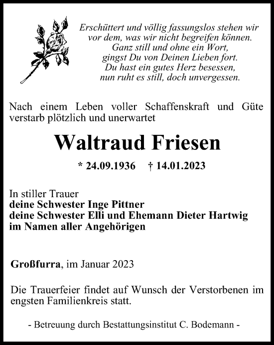 Traueranzeige von Waltraud Friesen