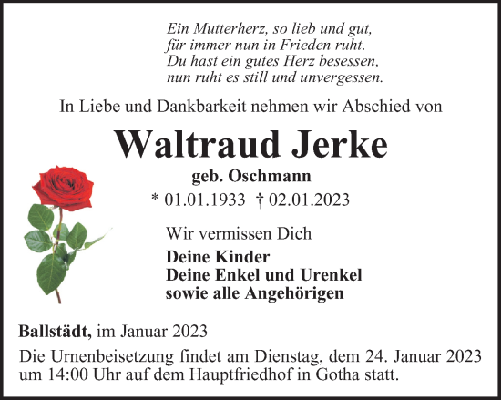 Traueranzeige von Waltraud Jerke von Thüringer Allgemeine, Thüringische Landeszeitung