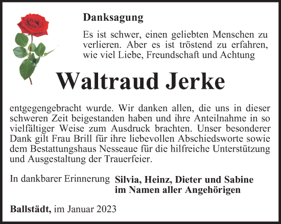 Traueranzeige von Waltraud Jerke von Thüringer Allgemeine, Thüringische Landeszeitung