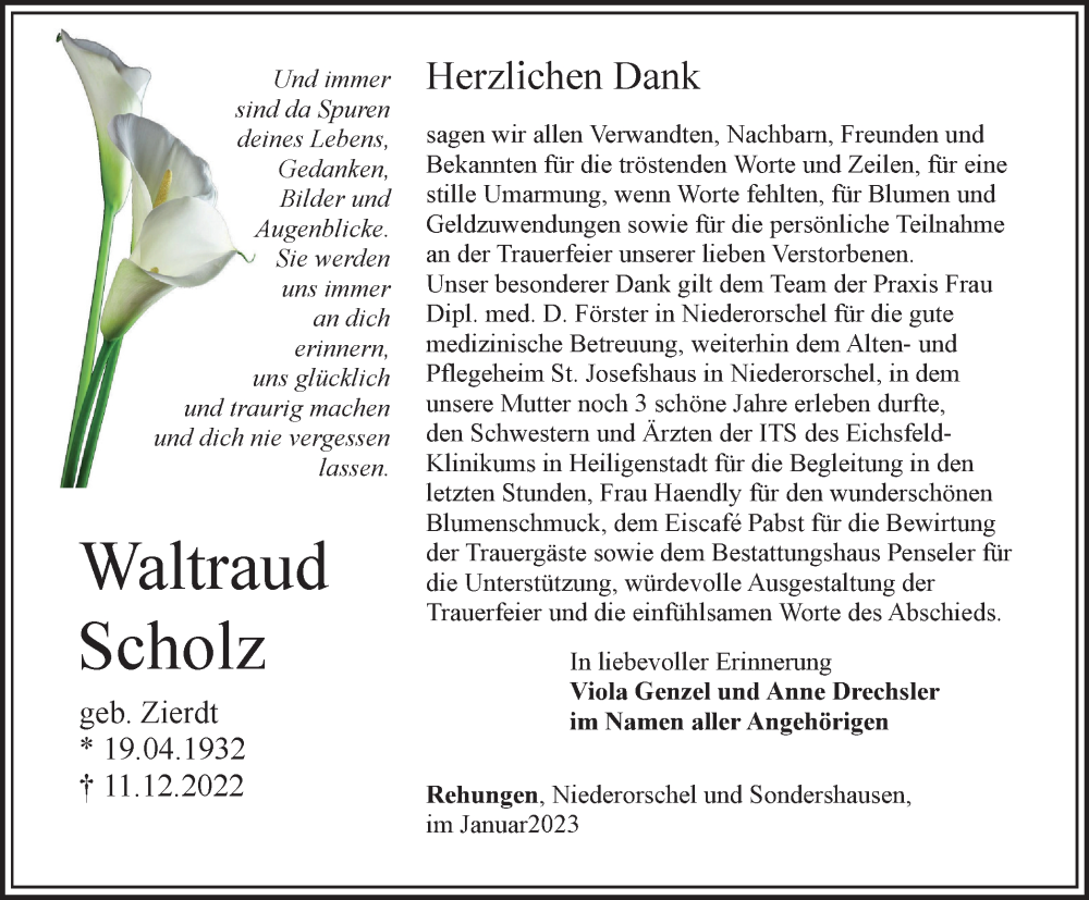  Traueranzeige für Waltraud Scholz vom 20.01.2023 aus Thüringer Allgemeine