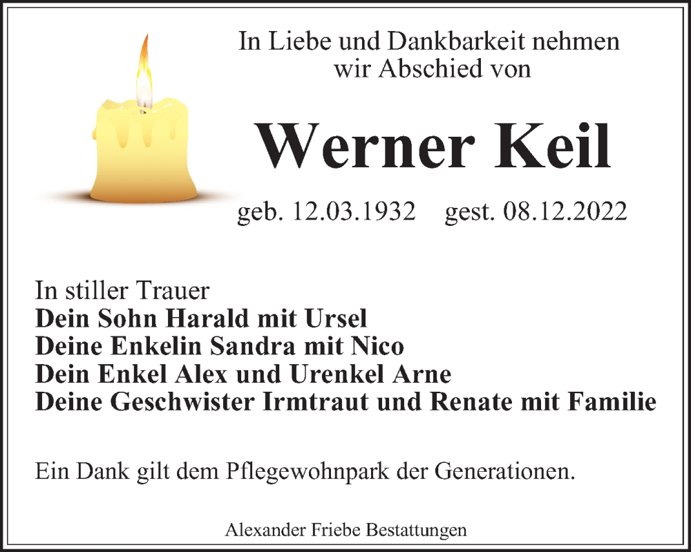  Traueranzeige für Werner Keil vom 14.01.2023 aus Thüringer Allgemeine, Thüringische Landeszeitung