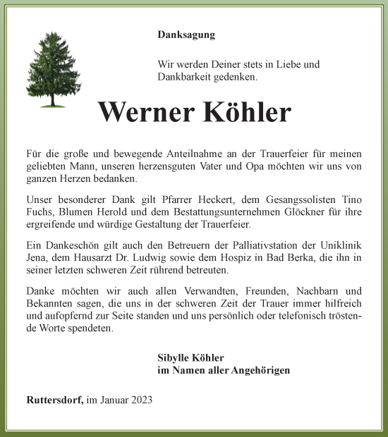 Traueranzeige von Werner Köhler von Ostthüringer Zeitung