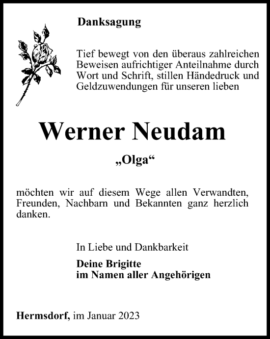Traueranzeige von Werner Neudam von Ostthüringer Zeitung