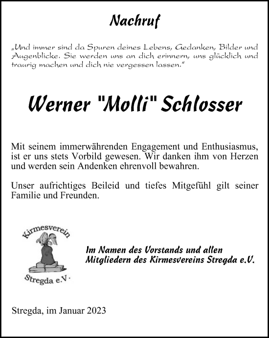 Traueranzeige von Werner Schlosser von Thüringer Allgemeine, Thüringische Landeszeitung