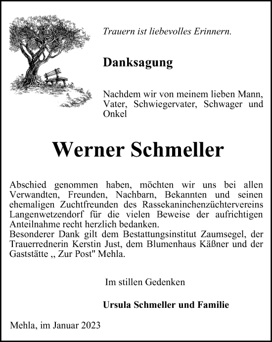 Traueranzeige von Werner Schmeller von Ostthüringer Zeitung