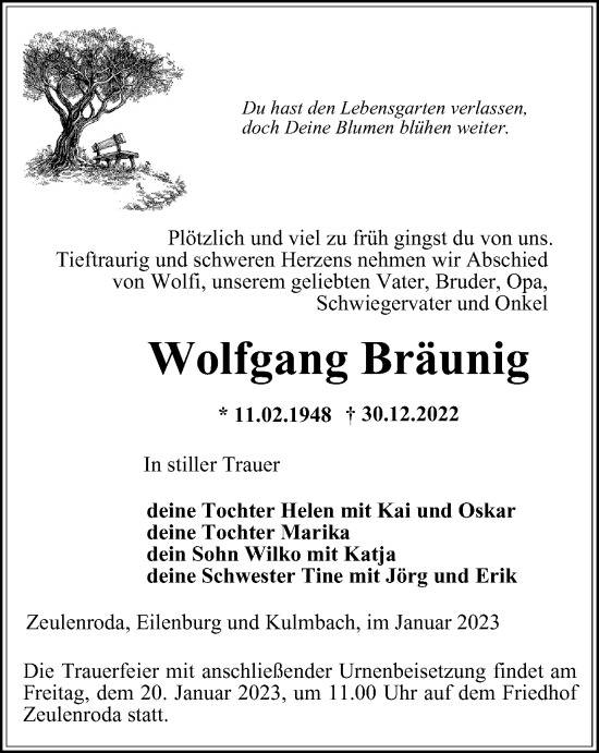 Traueranzeige von Wolfgang Bräunig von Ostthüringer Zeitung