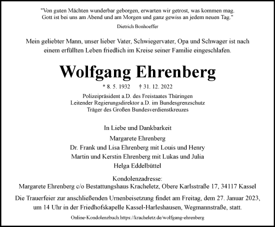 Traueranzeige von Wolfgang Ehrenberg von Thüringer Allgemeine, Thüringische Landeszeitung