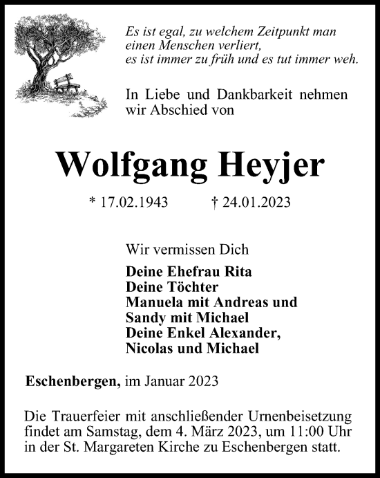Traueranzeige von Wolfgang Heyjer von Thüringer Allgemeine, Thüringische Landeszeitung