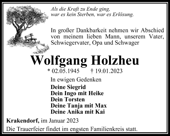 Traueranzeige von Wolfgang Holzheu von Thüringer Allgemeine, Thüringische Landeszeitung
