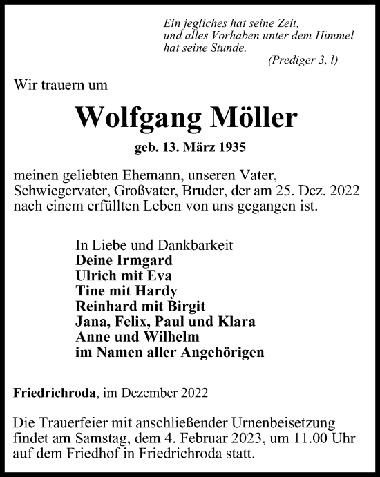 Traueranzeige von Wolfgang Möller von Thüringer Allgemeine, Thüringische Landeszeitung