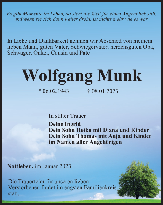 Traueranzeige von Wolfgang Munk von Thüringer Allgemeine, Thüringische Landeszeitung