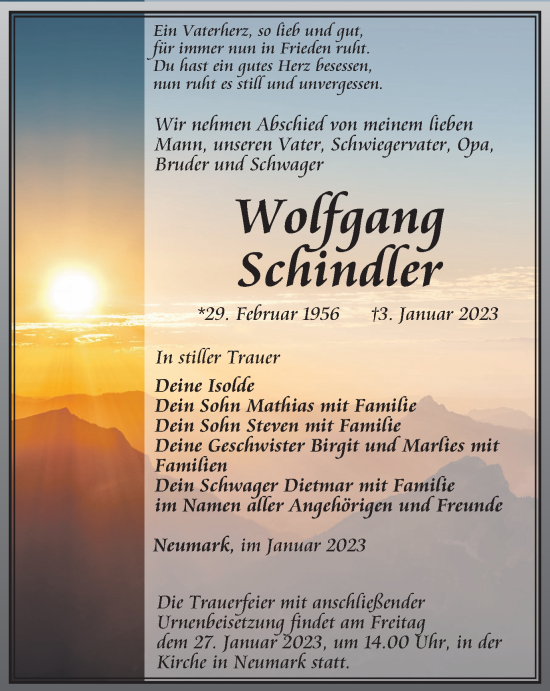 Traueranzeige von Wolfgang Schindler