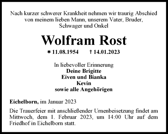 Traueranzeige von Wolfram Rost von Thüringer Allgemeine, Thüringische Landeszeitung