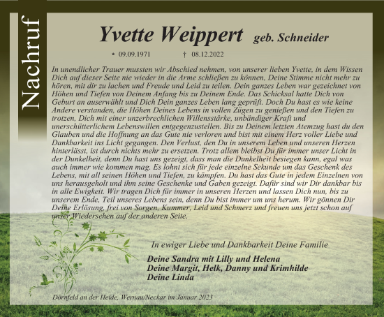 Traueranzeige von Yvette Weippert von Ostthüringer Zeitung