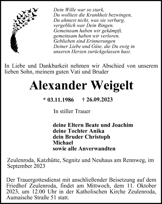 Traueranzeige von Alexander Weigelt von Ostthüringer Zeitung