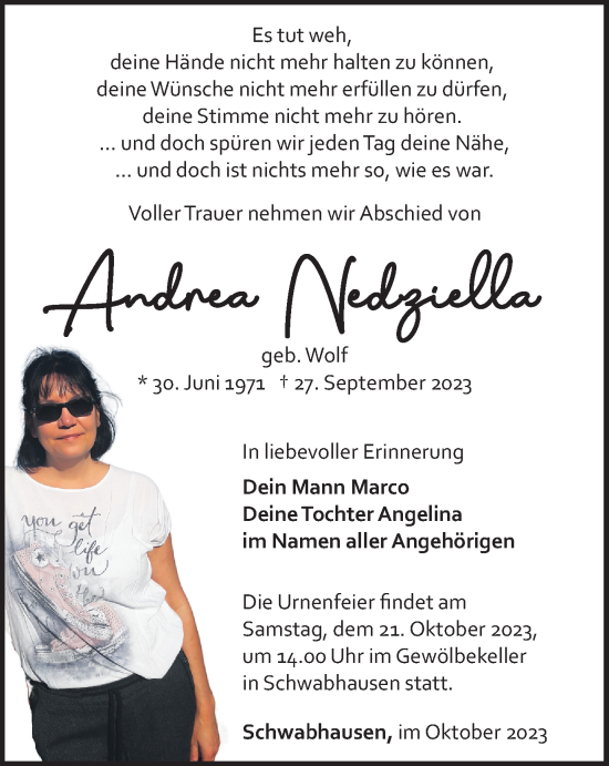 Traueranzeige von Andrea Nedziella von Thüringer Allgemeine, Thüringische Landeszeitung