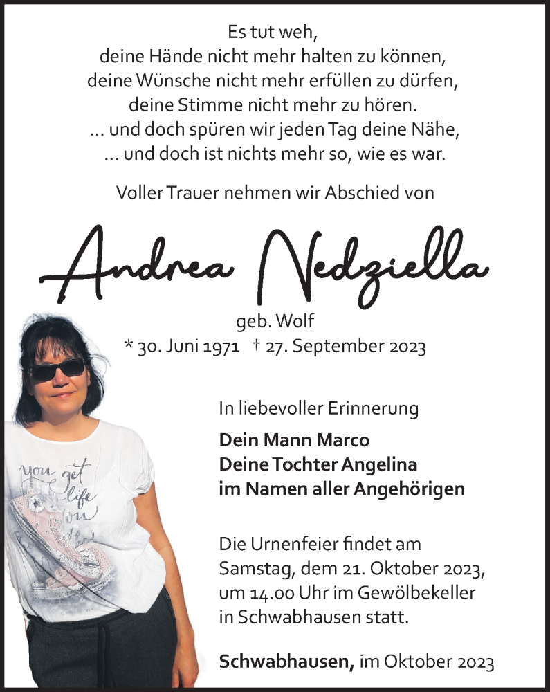  Traueranzeige für Andrea Nedziella vom 07.10.2023 aus Thüringer Allgemeine, Thüringische Landeszeitung