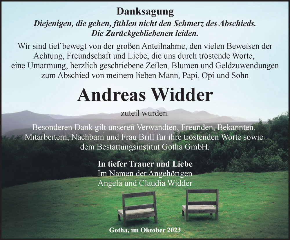  Traueranzeige für Andreas Widder vom 21.10.2023 aus Thüringer Allgemeine, Thüringische Landeszeitung