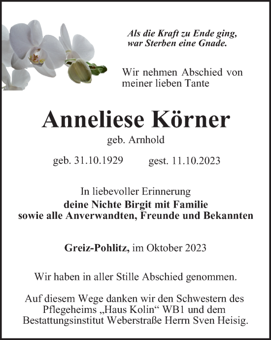 Traueranzeige von Anneliese Körner