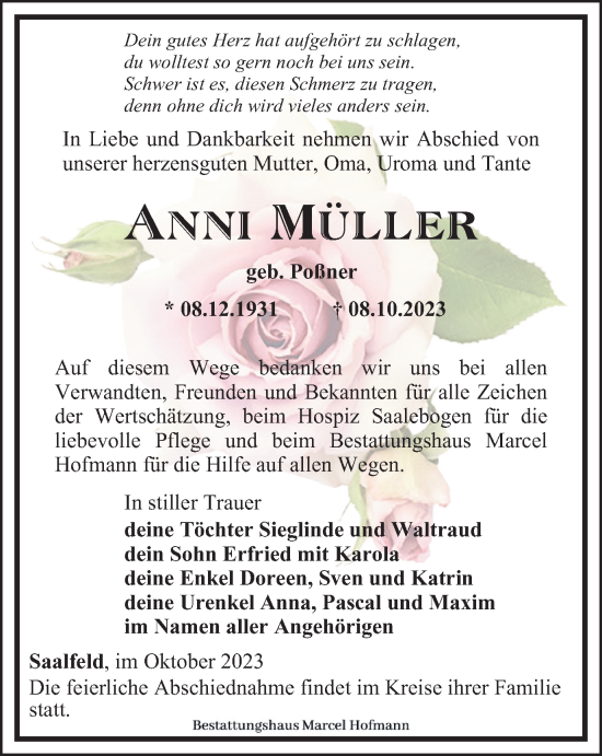 Traueranzeige von Anni Müller