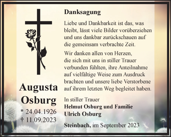 Traueranzeige von Augusta Osburg von Thüringer Allgemeine