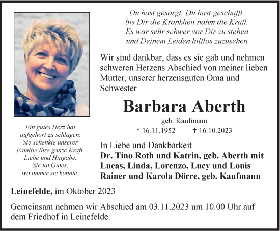 Traueranzeige von Barbara Aberth von Thüringer Allgemeine