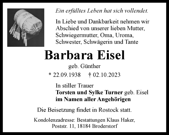 Traueranzeige von Barbara Eisel von Ostthüringer Zeitung