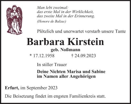 Traueranzeige von Barbara Kirstein von Thüringer Allgemeine, Thüringische Landeszeitung