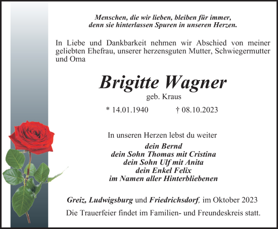 Traueranzeige von Brigitte Wagner