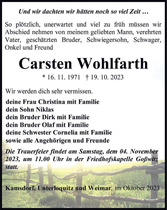 Traueranzeige von Carsten Wohlfarth von Ostthüringer Zeitung