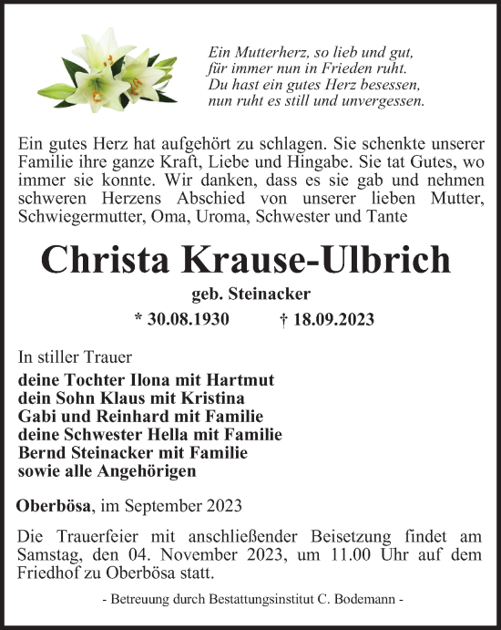 Traueranzeige von Christa Krause-Ulbrich