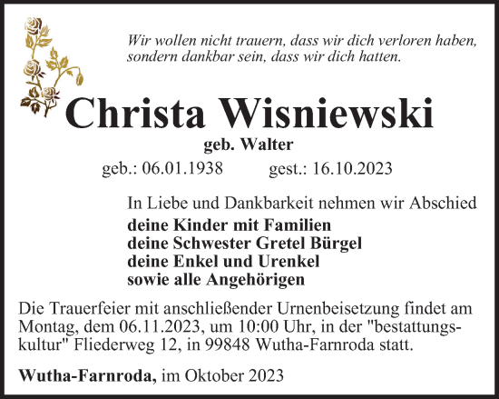 Traueranzeige von Christa Wisniewski von Thüringer Allgemeine, Thüringische Landeszeitung