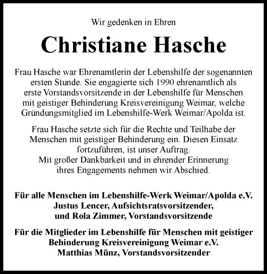 Traueranzeige von Christiane Hasche von Thüringer Allgemeine, Thüringische Landeszeitung