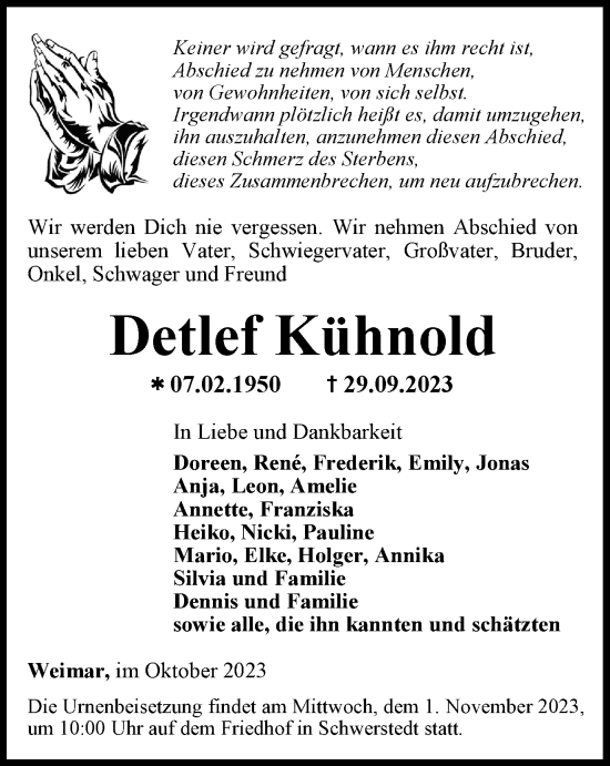 Traueranzeige von Detlef Kühnold von Thüringer Allgemeine, Thüringische Landeszeitung