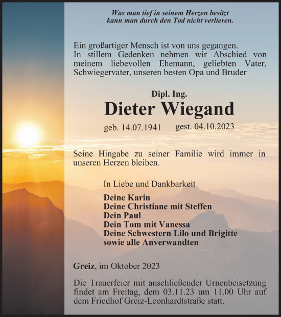 Traueranzeige von Dieter Wiegand