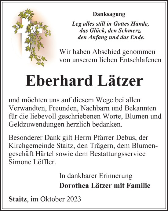 Traueranzeige von Eberhard Lätzer von Ostthüringer Zeitung
