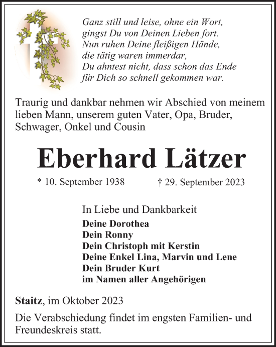 Traueranzeige von Eberhard Lätzer von Ostthüringer Zeitung