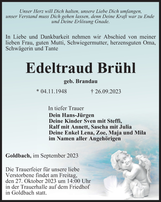 Traueranzeige von Edeltraud Brühl von Thüringer Allgemeine, Thüringische Landeszeitung