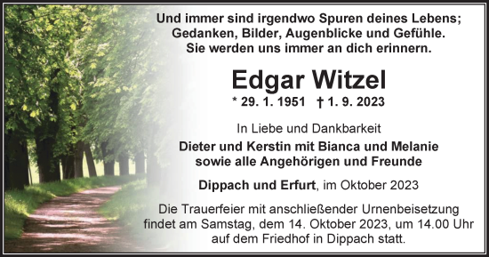 Traueranzeige von Edgar Witzel von Thüringer Allgemeine, Thüringische Landeszeitung