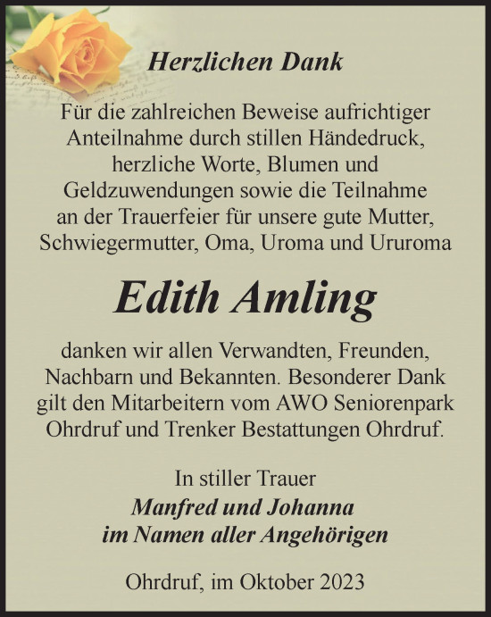 Traueranzeige von Edith Amling von Thüringer Allgemeine, Thüringische Landeszeitung