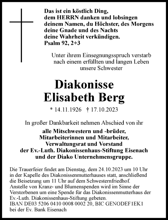 Traueranzeige von Elisabeth Berg von Thüringer Allgemeine, Thüringische Landeszeitung