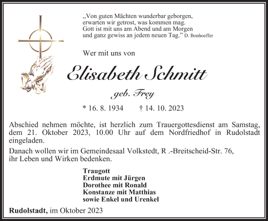 Traueranzeige von Elisabeth Schmitt von Ostthüringer Zeitung