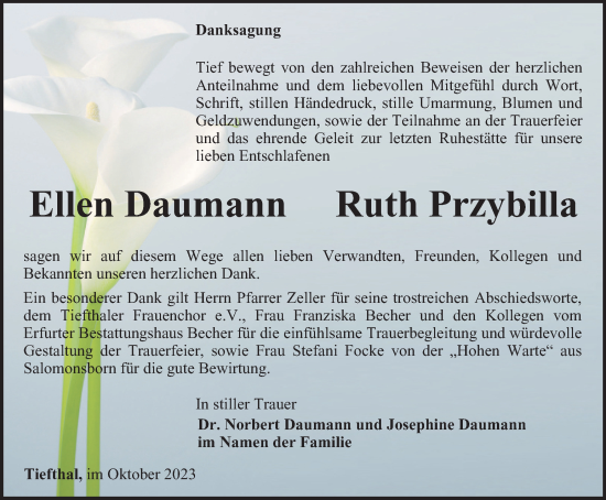 Traueranzeige von Ellen und Ruth Daumann und Przybilla von Thüringer Allgemeine, Thüringische Landeszeitung