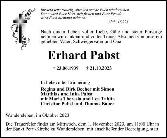 Traueranzeige von Erhard Pabst von Thüringer Allgemeine, Thüringische Landeszeitung