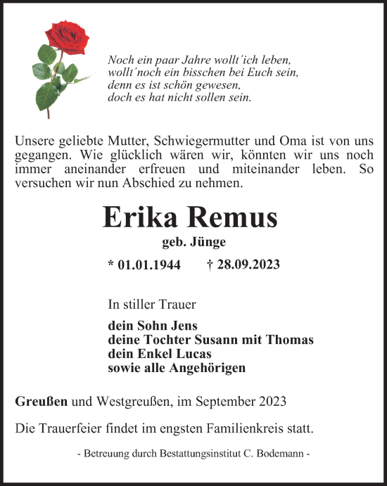 Traueranzeige von Erika Remus