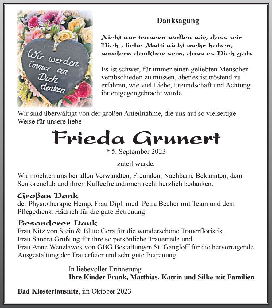  Traueranzeige für Frieda Grunert vom 14.10.2023 aus Ostthüringer Zeitung