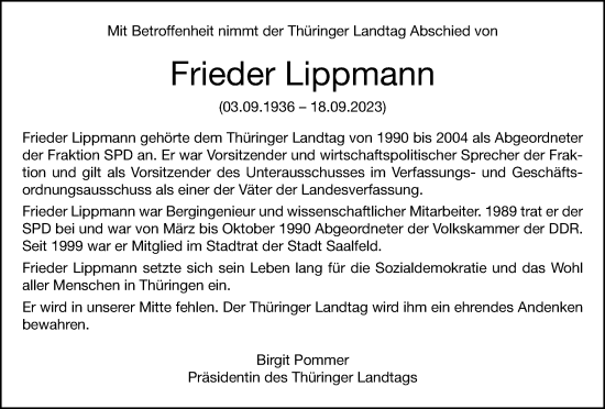 Traueranzeige von Frieder Lippmann von Thüringer Allgemeine