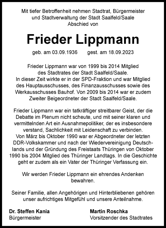 Traueranzeige von Frieder Lippmann von Ostthüringer Zeitung