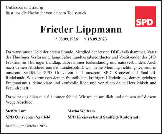 Traueranzeige von Frieder Lippmann