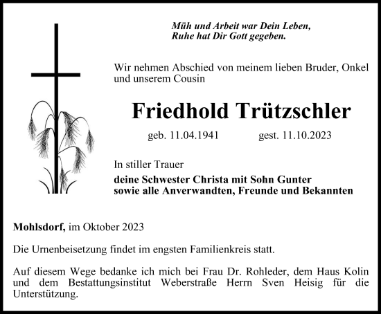 Traueranzeige von Friedhold Trützschler von Ostthüringer Zeitung